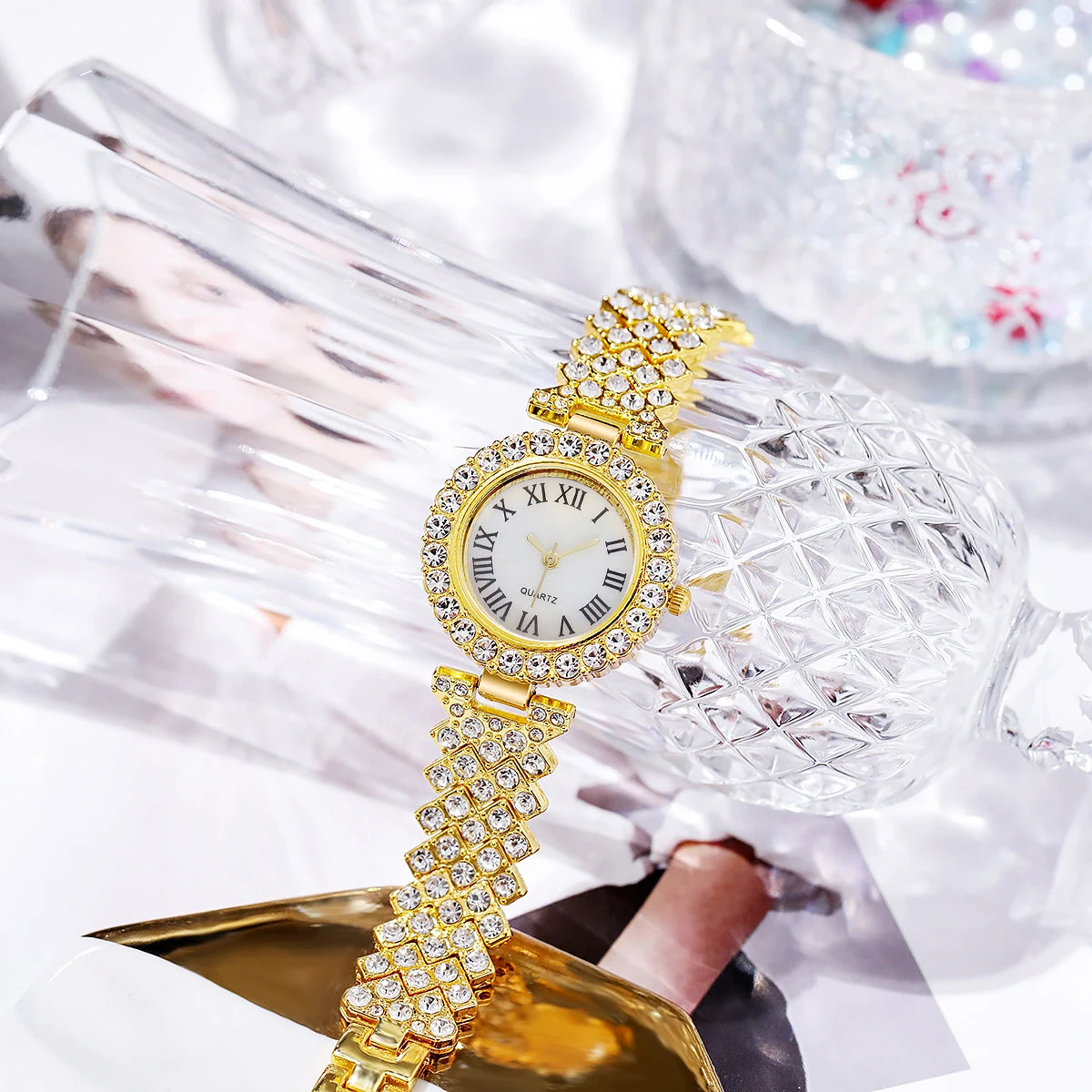 6PCS Luxury Rhinestone Women Watches Fashion Roma Dial Bracelet Wrist Watch Jewelry Set Relogio Feminino(Without Box)