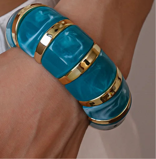 Blue Color Acrylic Resin Smudging Bangle Exaggerated Bamboo Beads Stretchy Bracelet Retro Hand Jewelry Couple Bangles Gifts