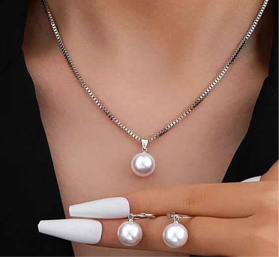 3Pcs Round Pearl Jewelry Set Of Earring Pendant Necklace For Women Exquisite Fashion Rhinestone Double Wedding Jewelry Set Gift
