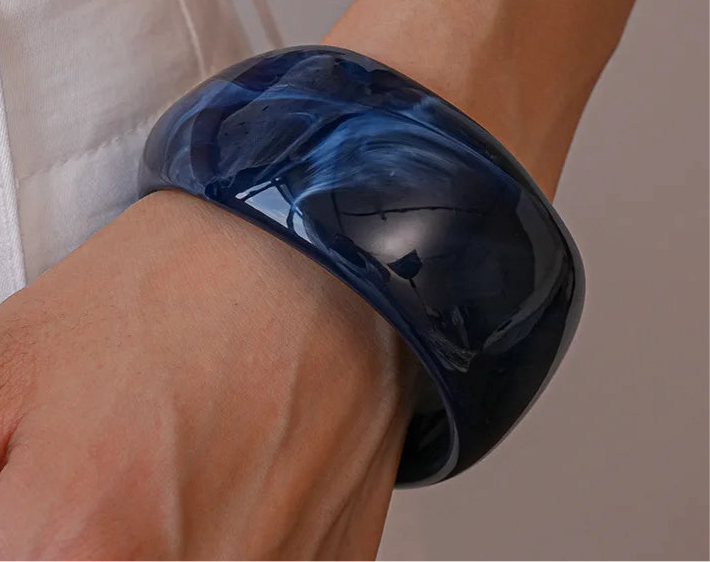 Blue Color Acrylic Resin Smudging Bangle Exaggerated Bamboo Beads Stretchy Bracelet Retro Hand Jewelry Couple Bangles Gifts