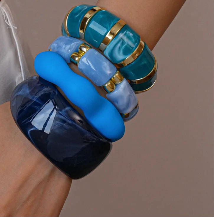 Blue Color Acrylic Resin Smudging Bangle Exaggerated Bamboo Beads Stretchy Bracelet Retro Hand Jewelry Couple Bangles Gifts