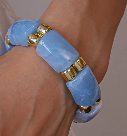 Blue Color Acrylic Resin Smudging Bangle Exaggerated Bamboo Beads Stretchy Bracelet Retro Hand Jewelry Couple Bangles Gifts