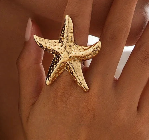 Seabeach Gold Color Starfish Conch Ring for Women New Fashion Large Pearl Shell Finger Rings Jewelry Summer Personality Gifts