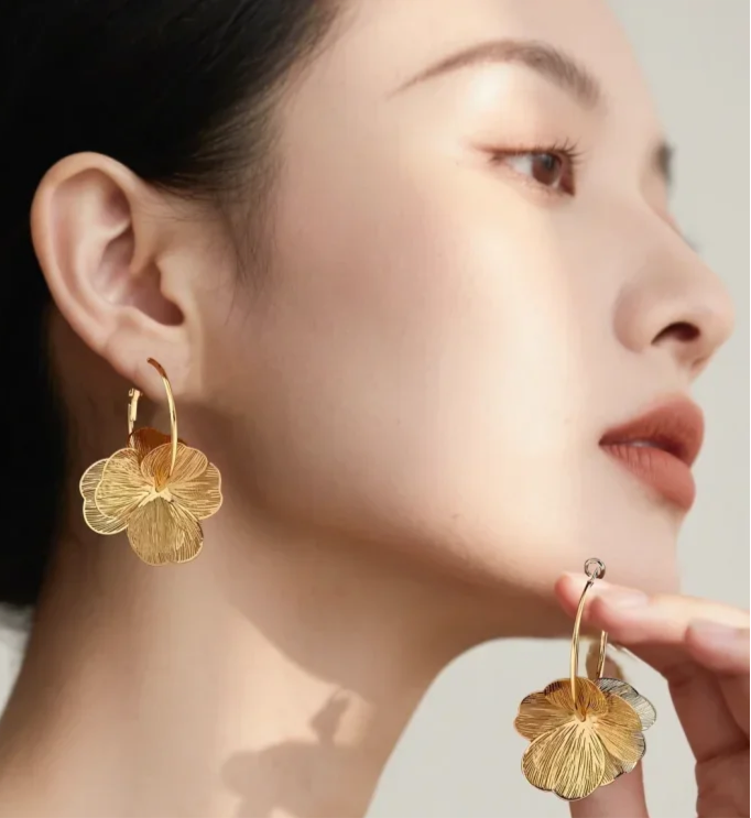 Golden Double-Layer Hollow Flower Hoop Earring for Women Vintage Earrings Ideal for Daily Wear Jewelry Accessories