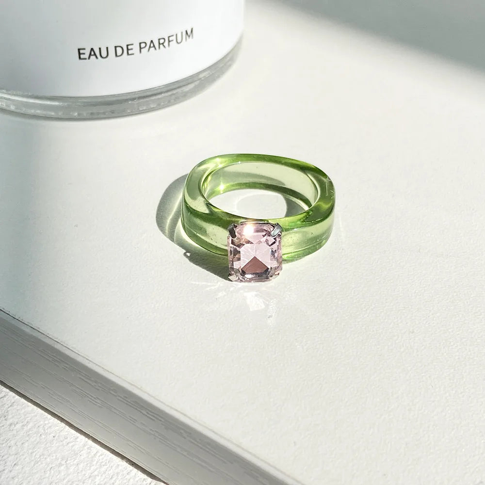 Simple Inlaid Colorful Zircon Resin Ring Women Sweet Cute Birthday Party Commemorative Jewelry Gift