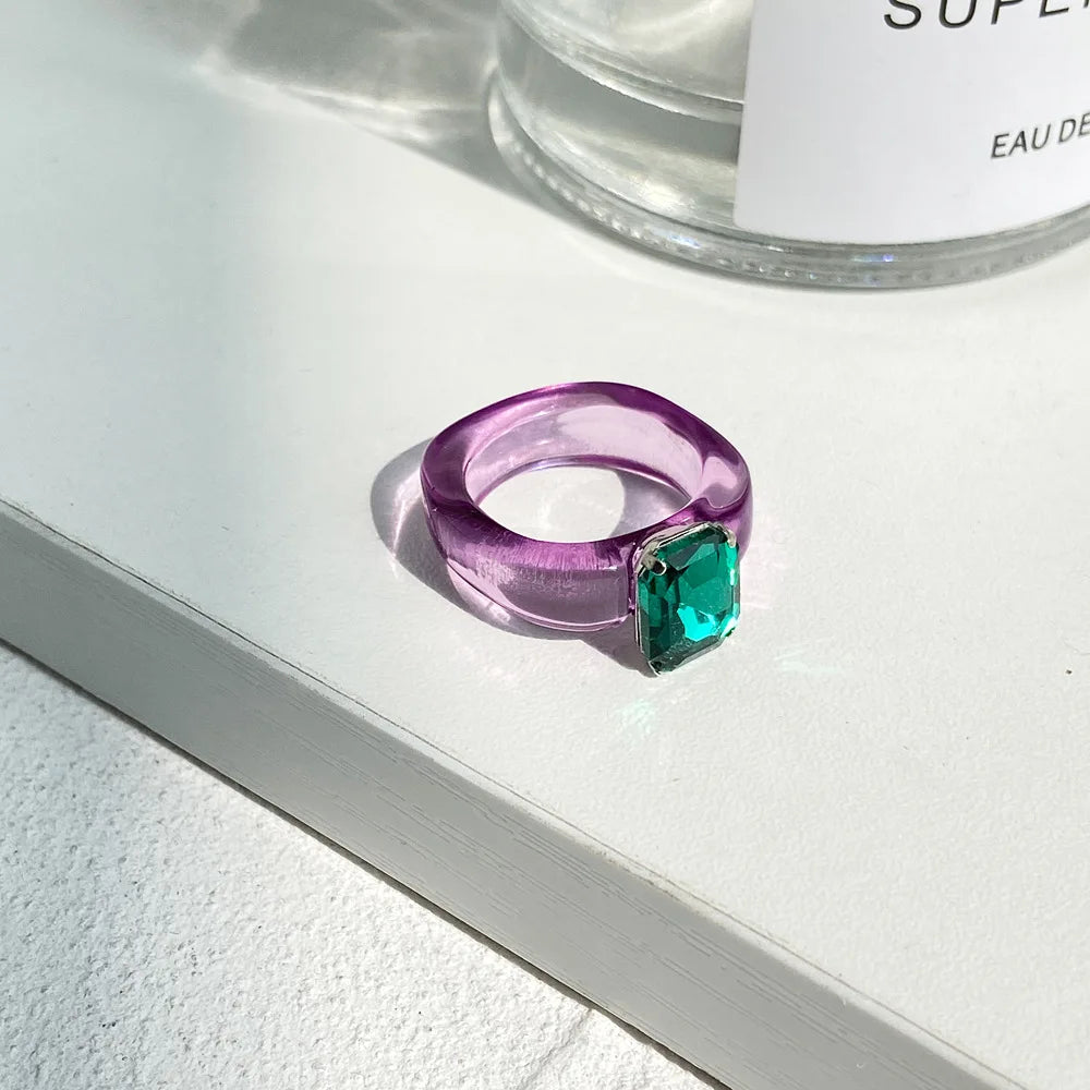 Simple Inlaid Colorful Zircon Resin Ring Women Sweet Cute Birthday Party Commemorative Jewelry Gift