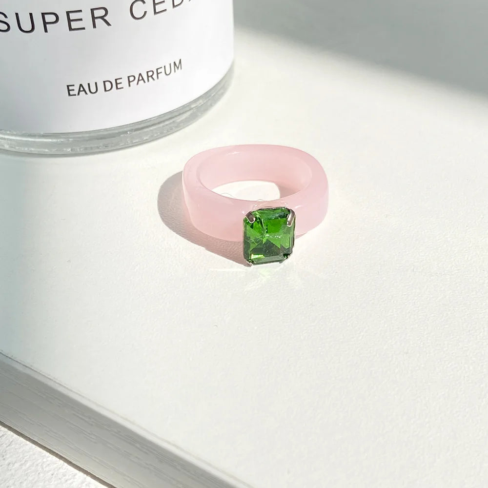 Simple Inlaid Colorful Zircon Resin Ring Women Sweet Cute Birthday Party Commemorative Jewelry Gift