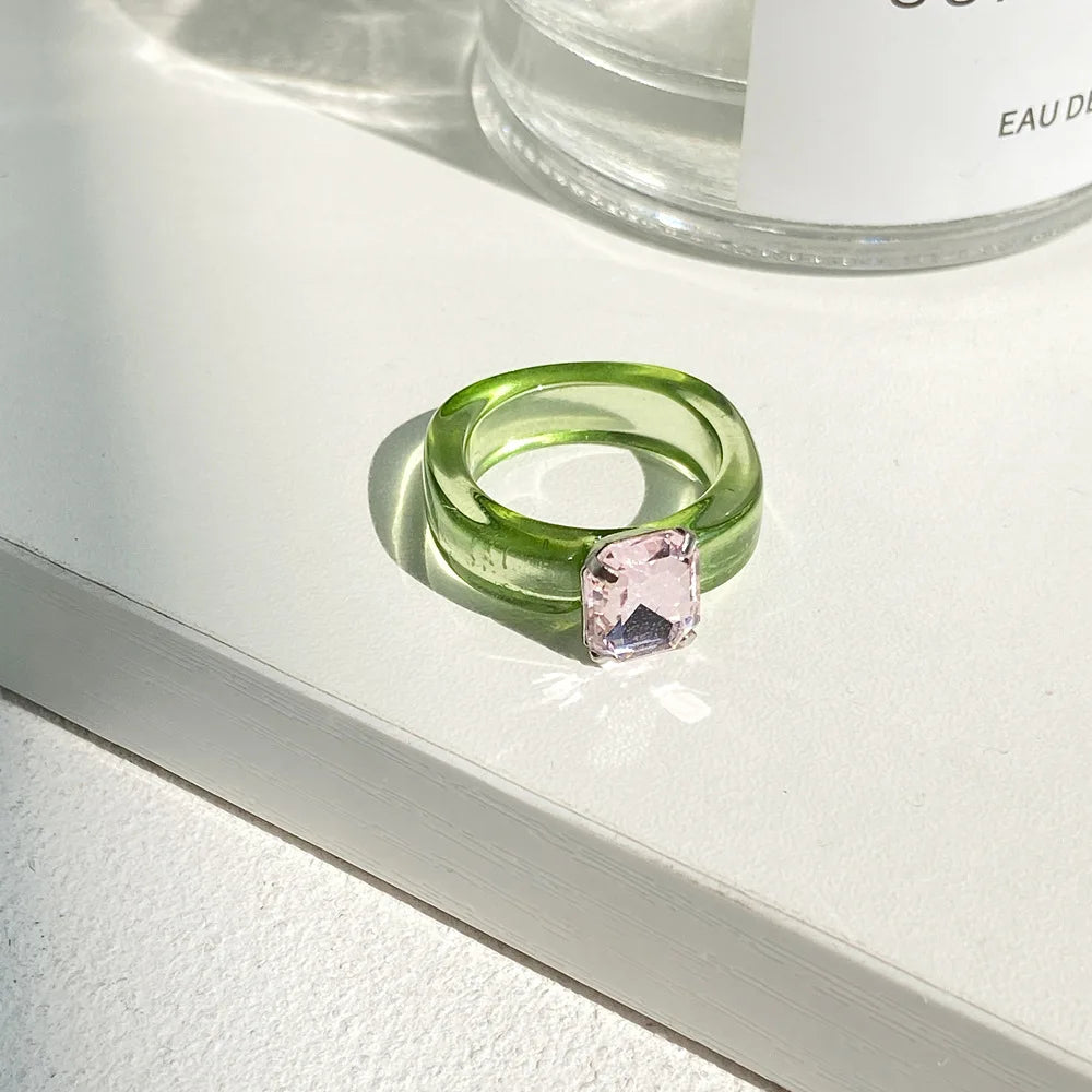 Simple Inlaid Colorful Zircon Resin Ring Women Sweet Cute Birthday Party Commemorative Jewelry Gift