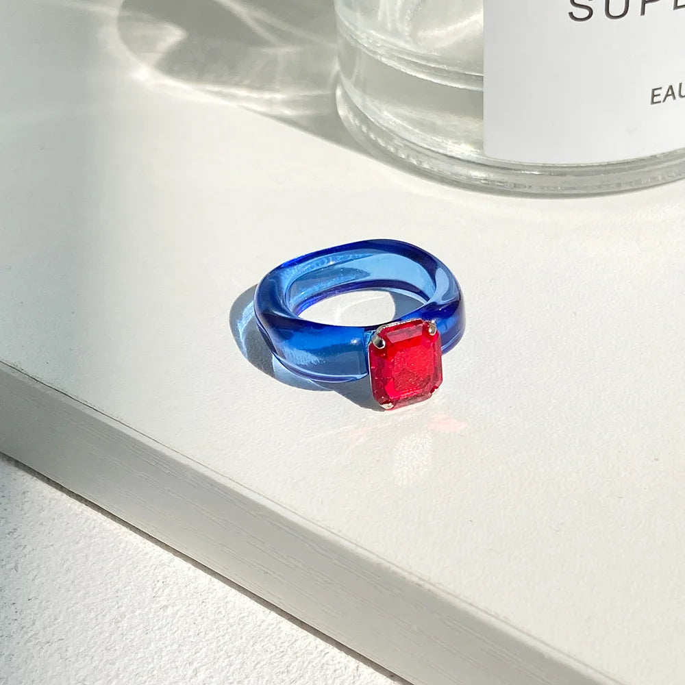 Simple Inlaid Colorful Zircon Resin Ring Women Sweet Cute Birthday Party Commemorative Jewelry Gift