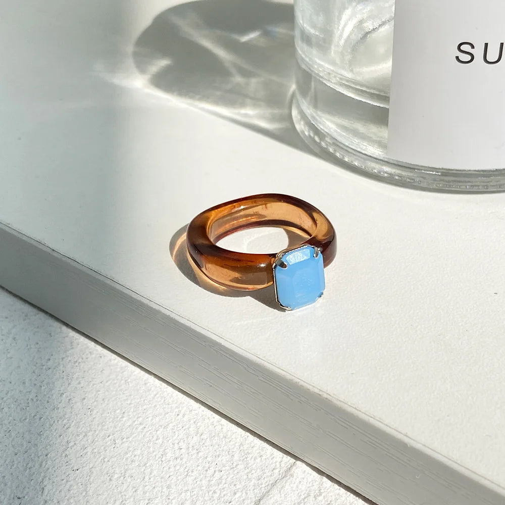 Simple Inlaid Colorful Zircon Resin Ring Women Sweet Cute Birthday Party Commemorative Jewelry Gift