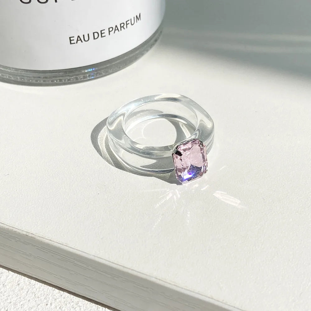 Simple Inlaid Colorful Zircon Resin Ring Women Sweet Cute Birthday Party Commemorative Jewelry Gift
