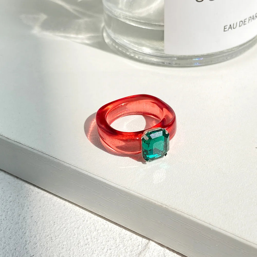 Simple Inlaid Colorful Zircon Resin Ring Women Sweet Cute Birthday Party Commemorative Jewelry Gift