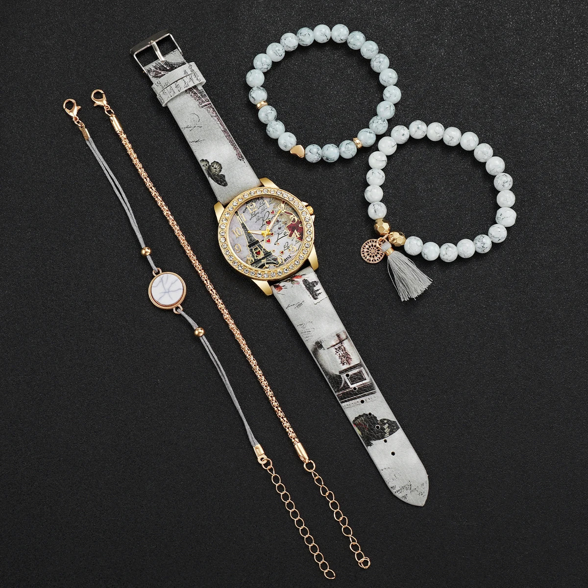 3/4/5PCS Fashion Rhinestone Women's Watch Flowers Printed Leather Band Female Quartz Watches Bracelets Set (Without Box）