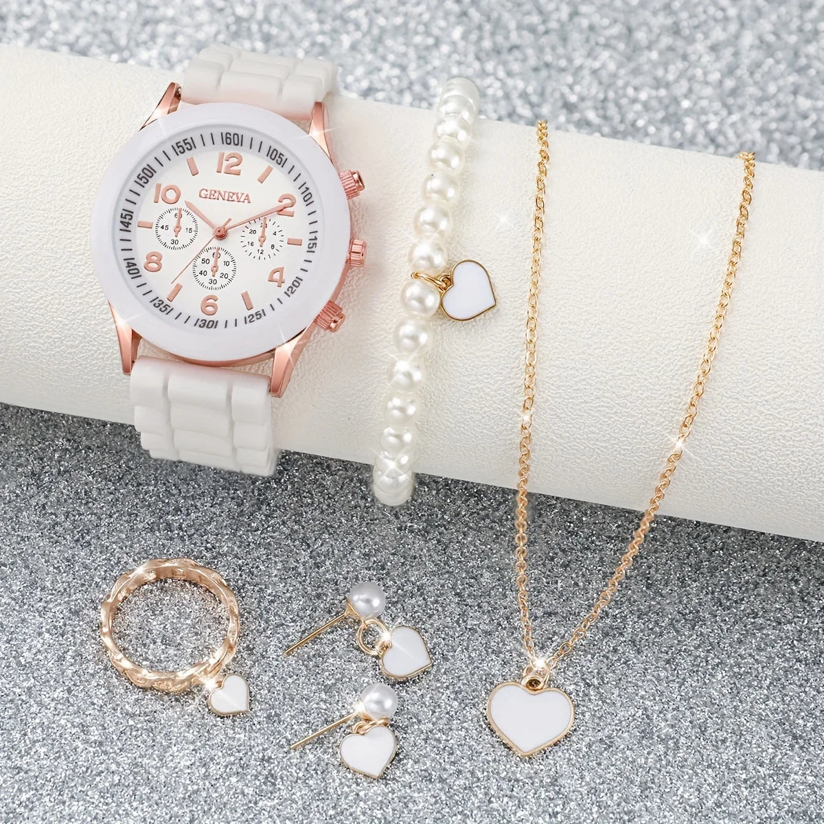 3/6PCS Women's Watches Casual Silicone Band Analog Quartz Watch Heart Pearls Jewelry Set(Without Box)