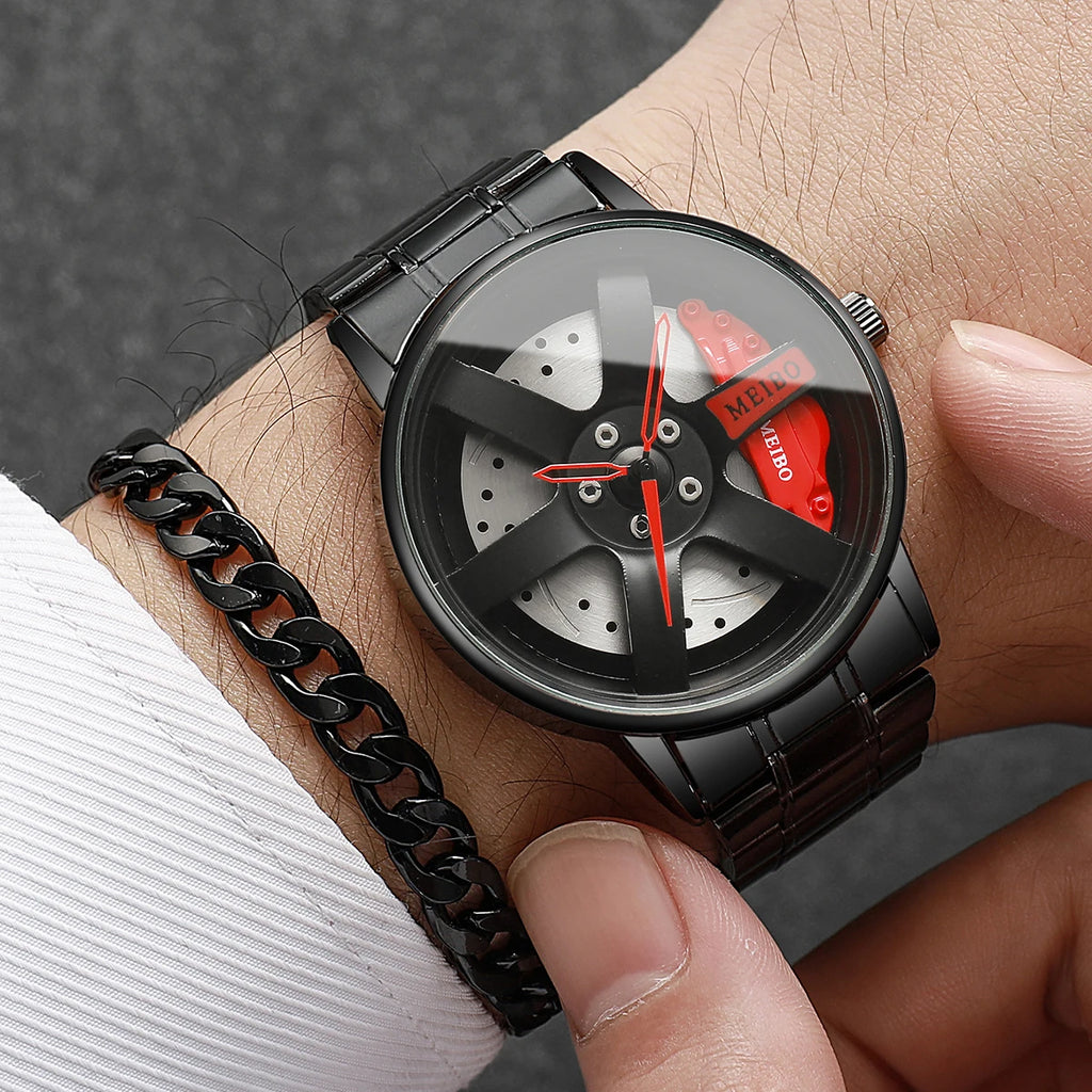 2PCS Fashion Men Sports Watches 3d Car Wheel Stainless Steel Band Wrist Watch Men's Quartz Watch Bracelet Set（Without Box）