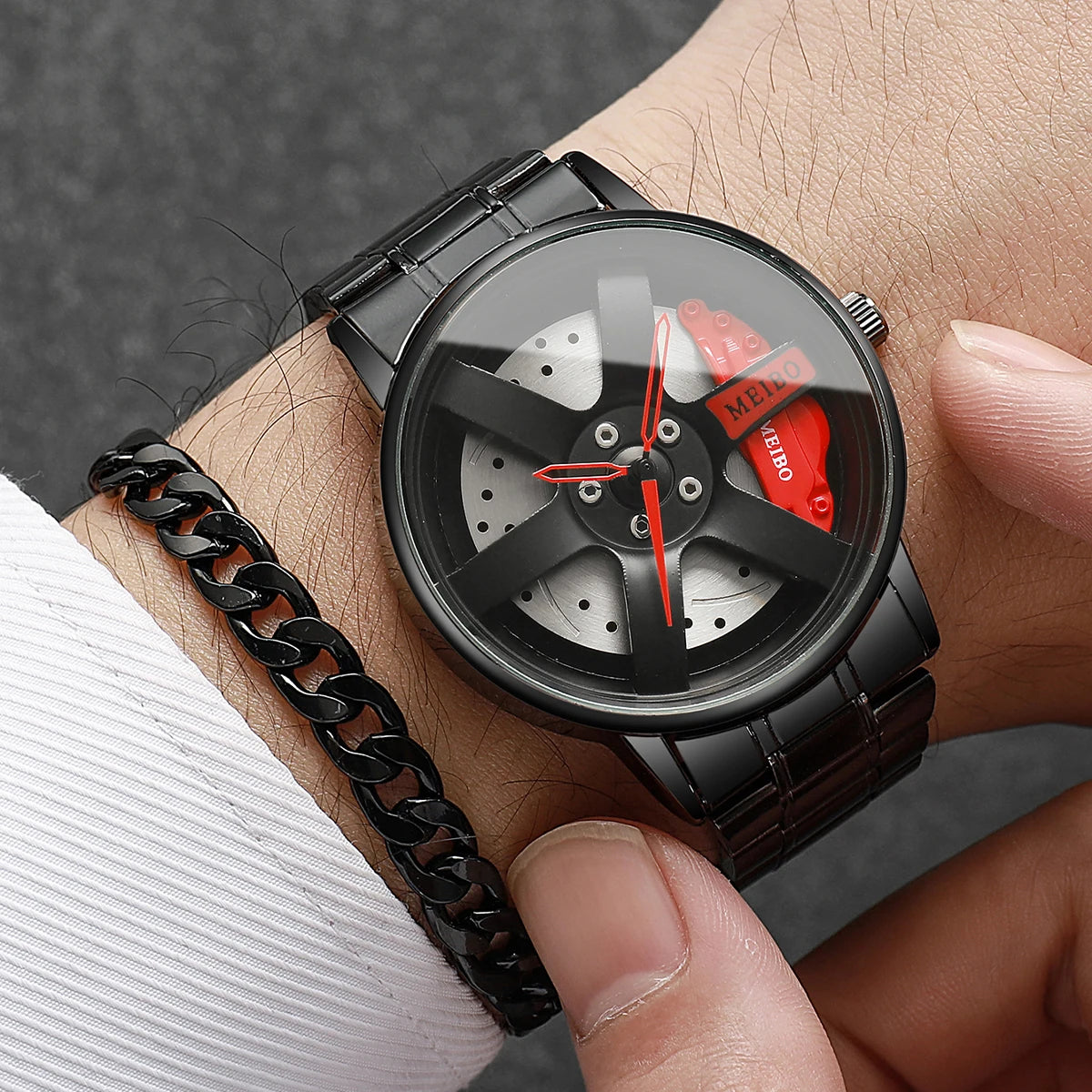2PCS Fashion Men Sports Watches 3d Car Wheel Stainless Steel Band Wrist Watch Men's Quartz Watch Bracelet Set（Without Box）