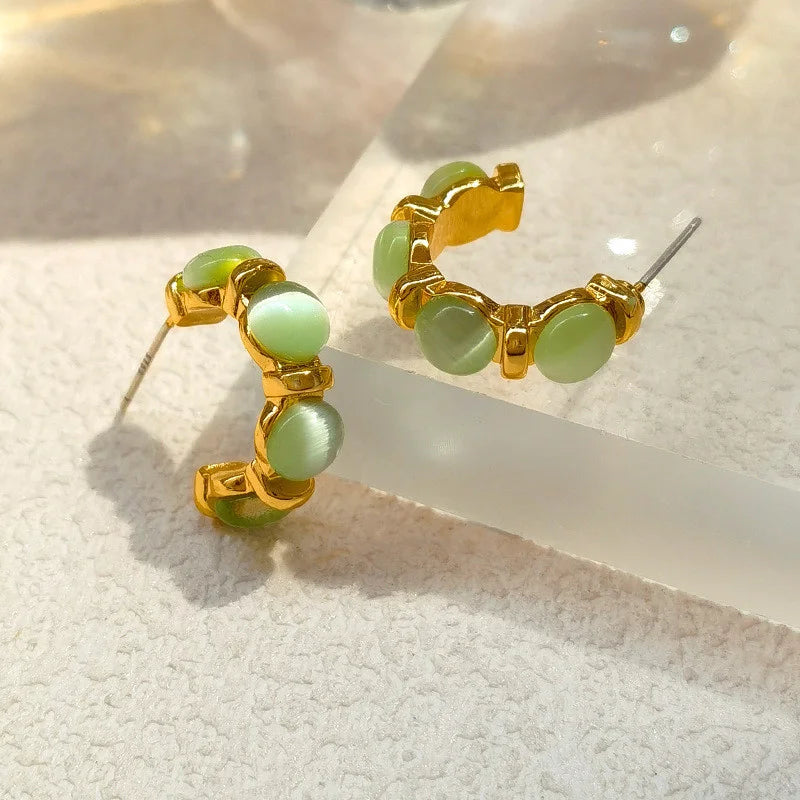 Vintage Gold Plated Green Opal C Shape Stud Earring for Woman Girls Trendy Party Jewelry Accessories