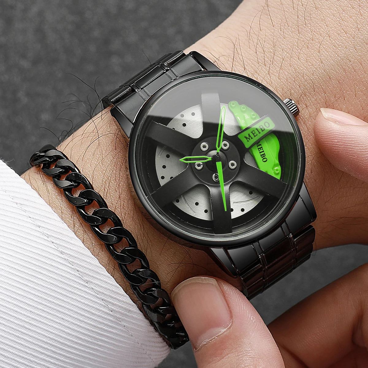 2PCS Fashion Men Sports Watches 3d Car Wheel Stainless Steel Band Wrist Watch Men's Quartz Watch Bracelet Set（Without Box）