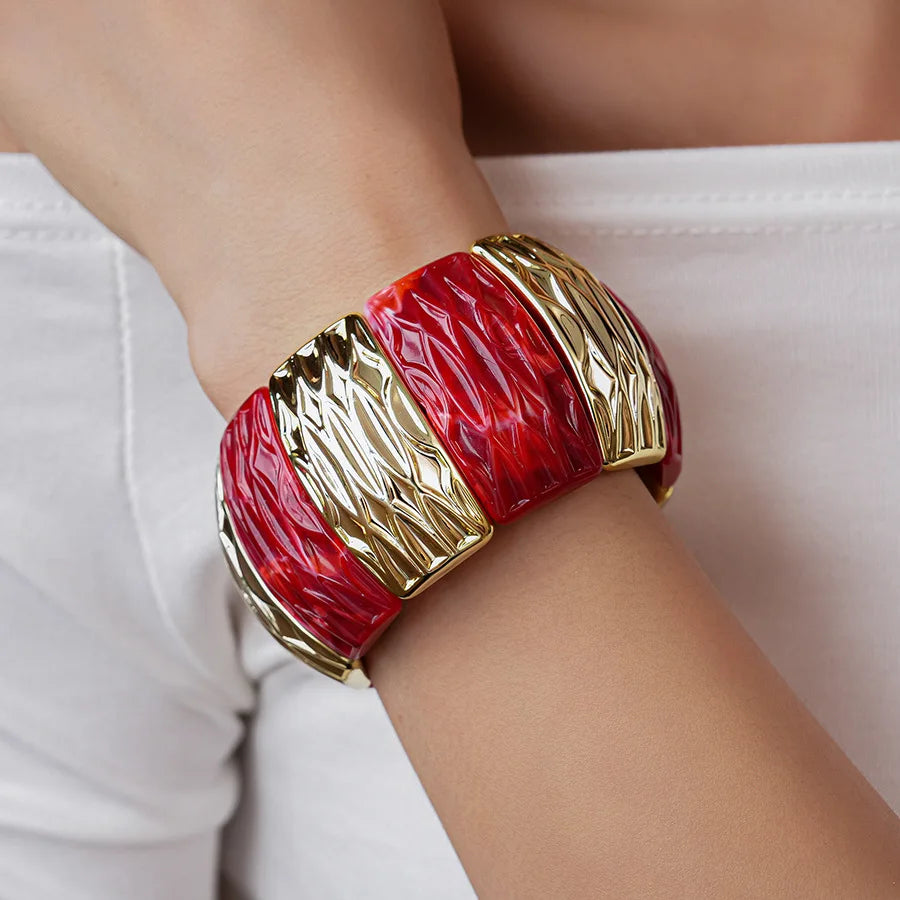 Red Resin Acrylic Elastic Bracelets Personality Geometric Fashion Irregular Wide Stacking Bracelets Hand Jewelry for Women