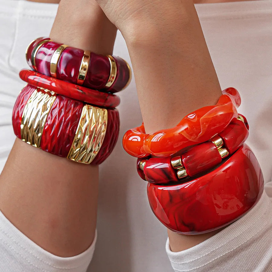 Red Resin Acrylic Elastic Bracelets Personality Geometric Fashion Irregular Wide Stacking Bracelets Hand Jewelry for Women