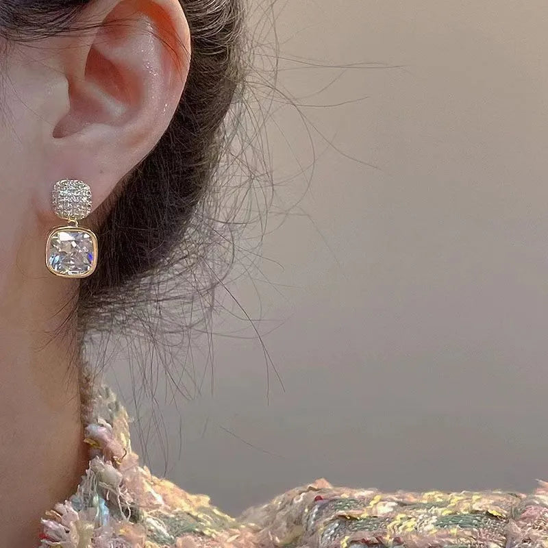 Silver Needle Fashion Square Zircon Drop Earrings For Women Jewelry 2025 Trending New Luxury Women's Crystal Earrings