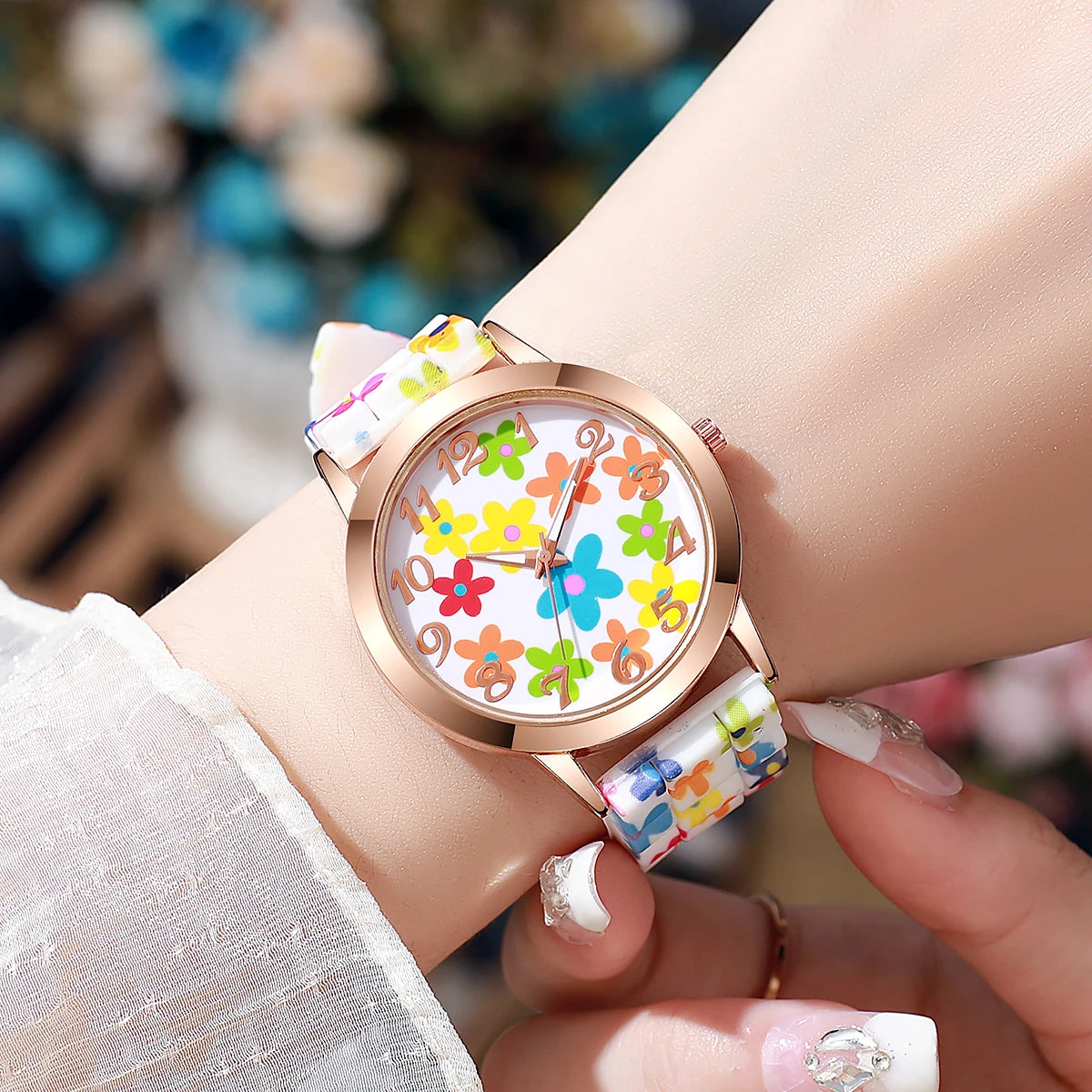 2/3/4/5PCS Fashion Flowers Printed Women Watches Casual Silicone Band Female Quartz Watch Relogio Feminino（Without Box）