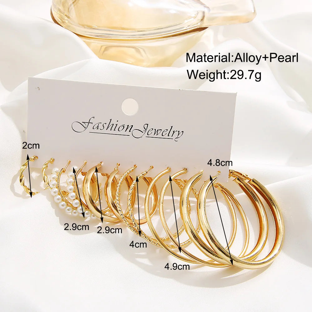 Boho Big Circle Hoop Earring Set for Women Gold Color Bohemia Vintage Pearl Square Earring Heart Zircon Ear Studs Jewelry