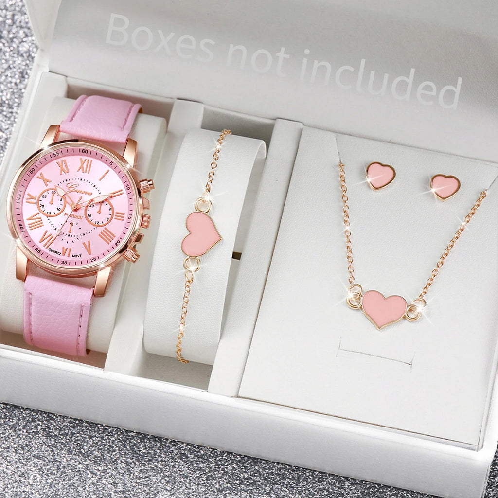 5/6PCS Fashion Women's Quartz Watch Leather Band Analog Wrist Watches Heart Rhinestone Jewelry Set (Without Box)