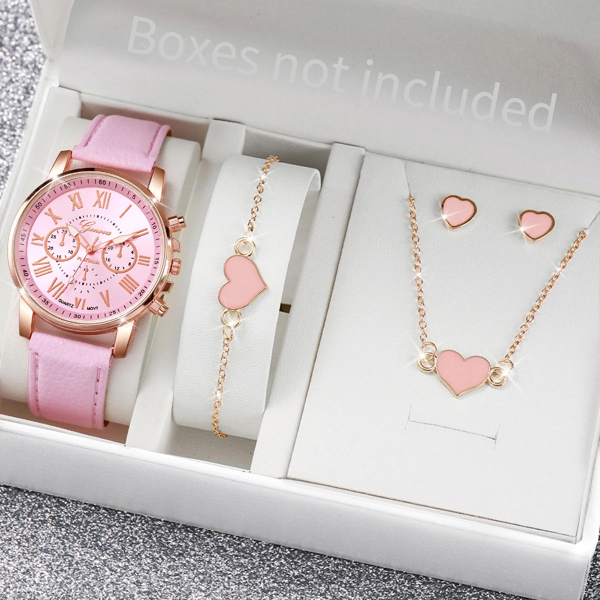 5/6PCS Fashion Women's Quartz Watch Leather Band Analog Wrist Watches Heart Rhinestone Jewelry Set (Without Box)