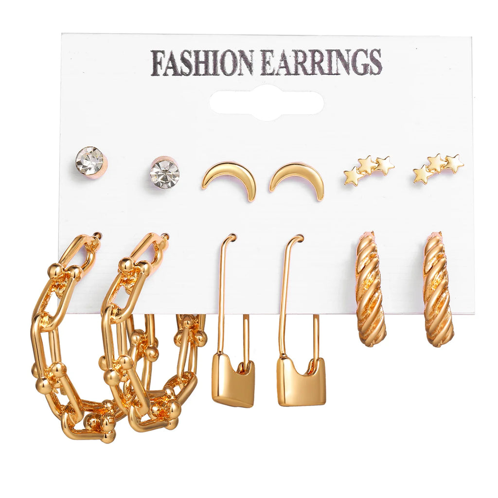 Boho Big Circle Hoop Earring Set for Women Gold Color Bohemia Vintage Pearl Square Earring Heart Zircon Ear Studs Jewelry