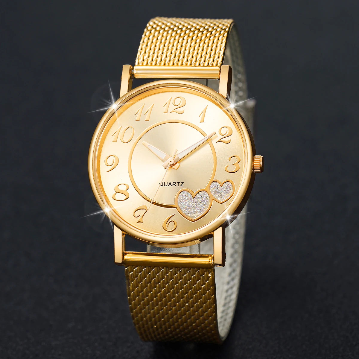 3/6PCS Fashion Heart Women's Watch Plastic Band Analog Golden Quartz Watches Butterfly Jewelry Set(Without Box)