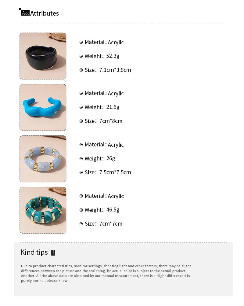 Blue Color Acrylic Resin Smudging Bangle Exaggerated Bamboo Beads Stretchy Bracelet Retro Hand Jewelry Couple Bangles Gifts