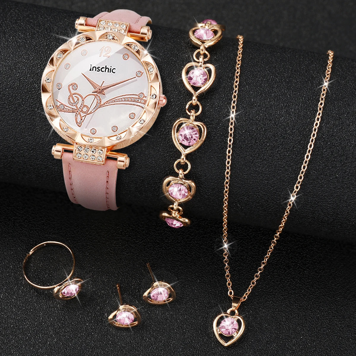 6PCS/Set Fashion Rhinestone Women's Watch Leather Band Analog Quartz Watches Rhinestone Heart Jewelry Set（Without Box）