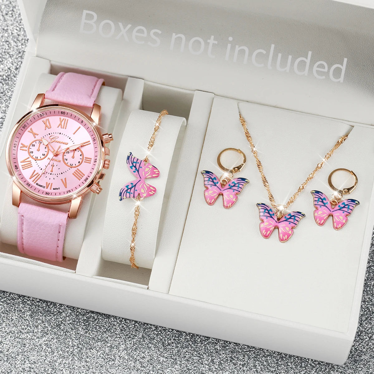 5/6PCS Fashion Women's Quartz Watch Leather Band Analog Wrist Watches Heart Rhinestone Jewelry Set (Without Box)