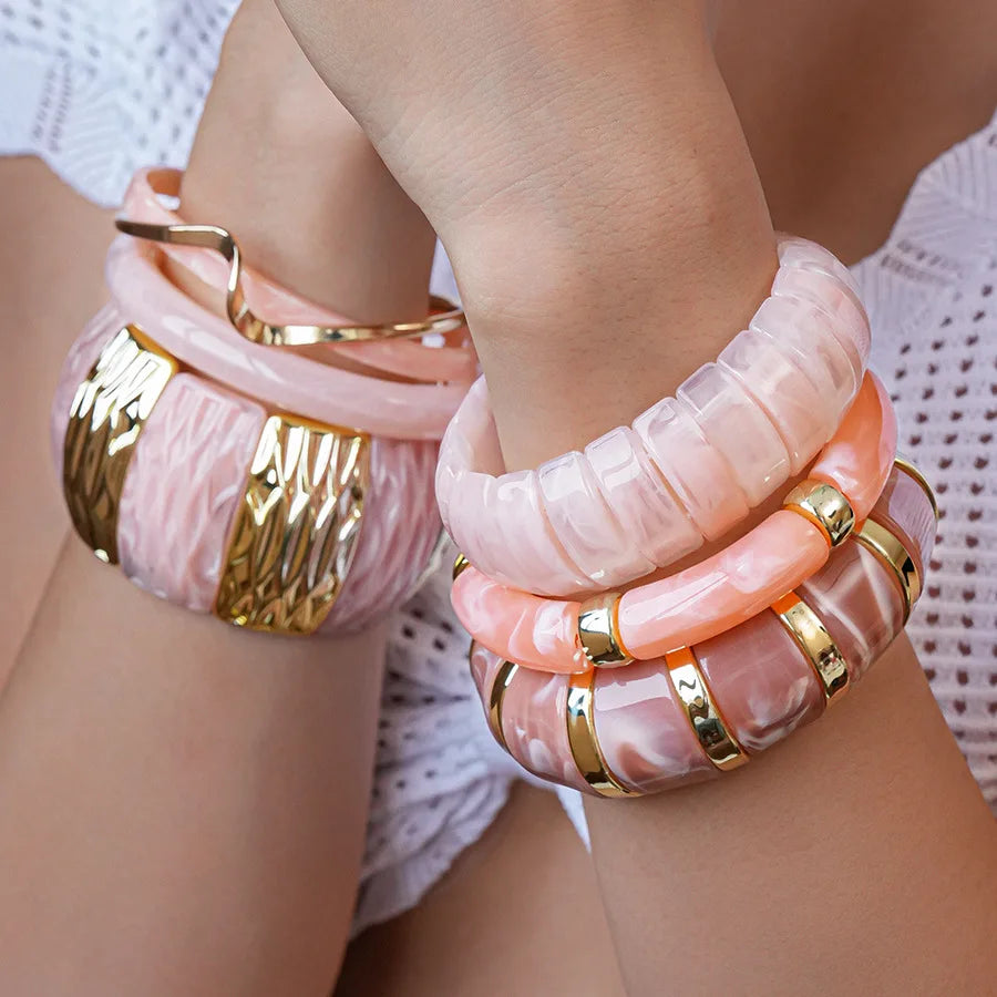 Pink Acrylic Resin Smudging Bangles for Women Girls Smooth Irregular Geometric Square Elastic Bracelets Wristband Jewelry