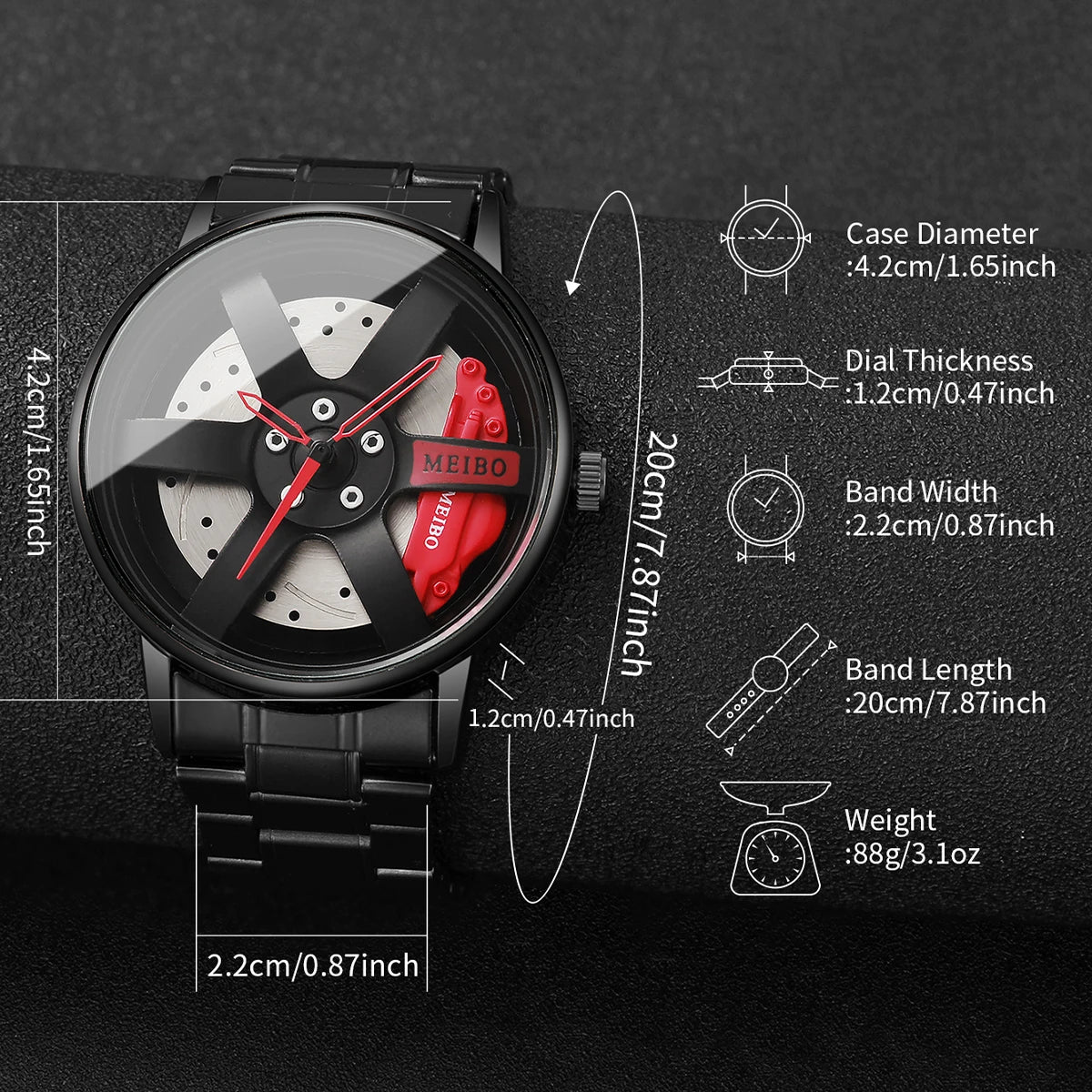 2PCS Fashion Men Sports Watches 3d Car Wheel Stainless Steel Band Wrist Watch Men's Quartz Watch Bracelet Set（Without Box）