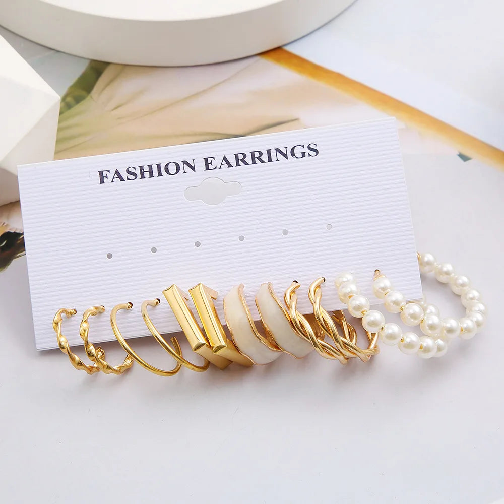 Boho Big Circle Hoop Earring Set for Women Gold Color Bohemia Vintage Pearl Square Earring Heart Zircon Ear Studs Jewelry