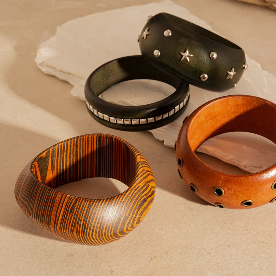 Natural Wooden 12 Styles Square Round Bracelet for Women Hip Hop Rivet Beads Wide Bangles Hand Jewelry Pulseras Mujer