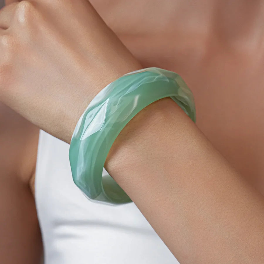 Green Irregular Square Round Wide Bracelets Vintage Resin Acrylic Smudging Bangles Bracelets for Women Girl Jewelry Gifts
