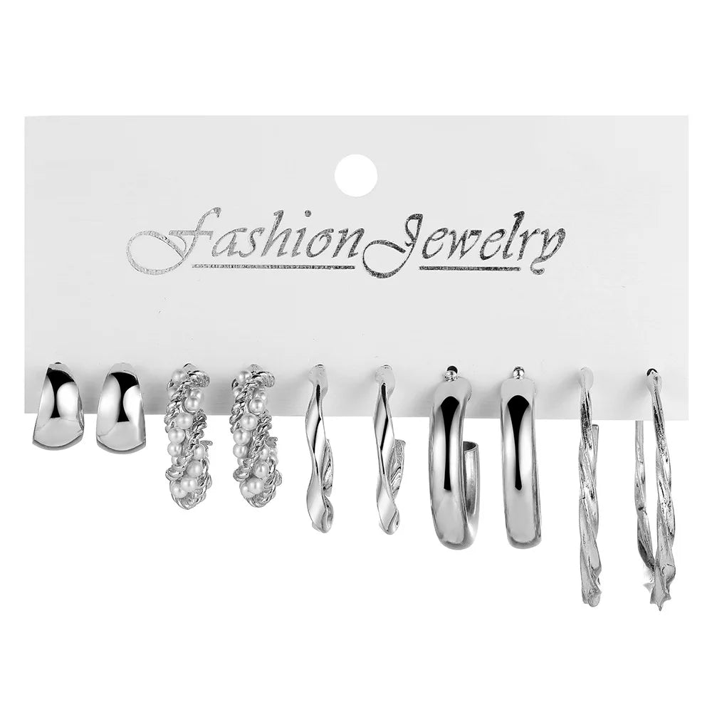 Boho Big Circle Hoop Earring Set for Women Gold Color Bohemia Vintage Pearl Square Earring Heart Zircon Ear Studs Jewelry
