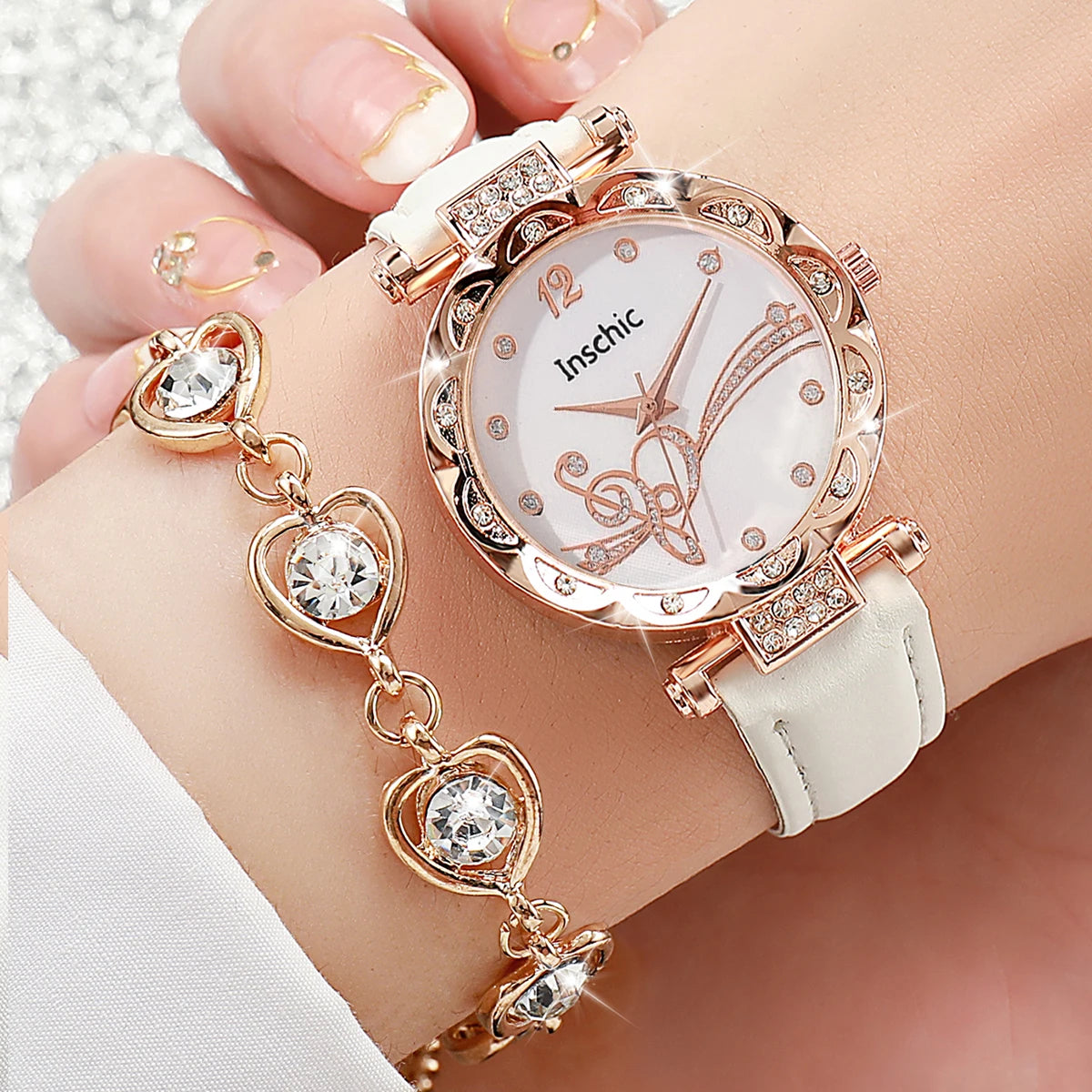 6PCS/Set Fashion Rhinestone Women's Watch Leather Band Analog Quartz Watches Rhinestone Heart Jewelry Set（Without Box）