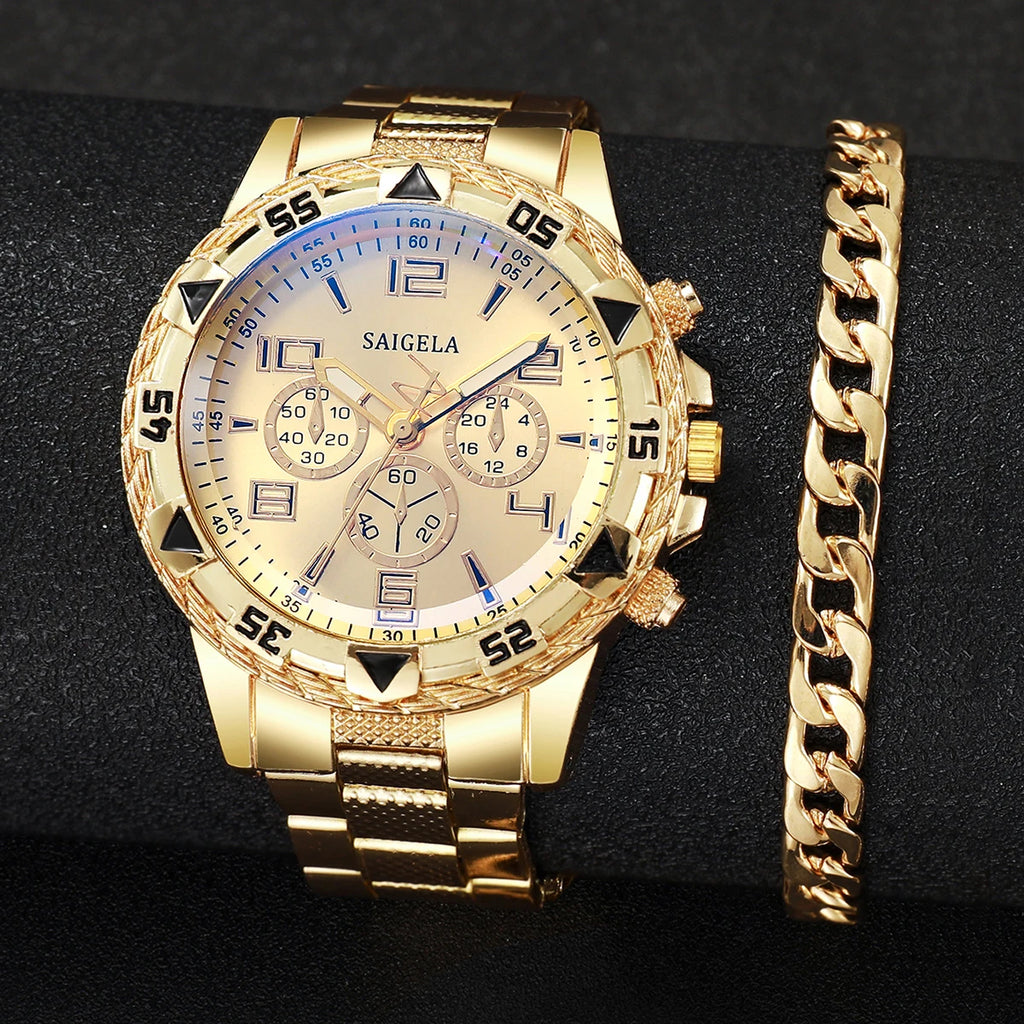 2PCS/Set Fashion Stainless Steel Men Quartz Watch Luxury Men Business Watches Bracelet Set Reloj Hombre（Without Box）
