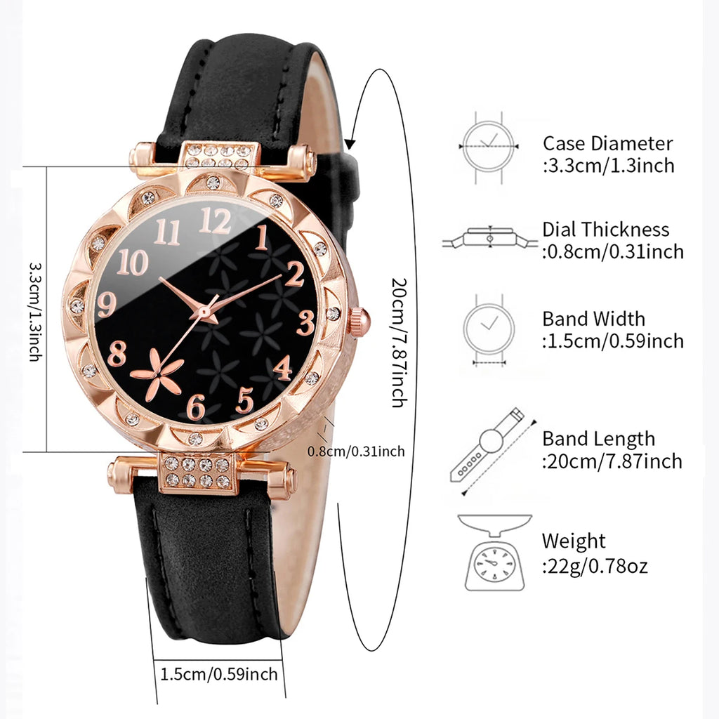 7PCS/Set Fashion Rhinestone Women's Watch Leather Band Female Quartz Watches (Without Box）