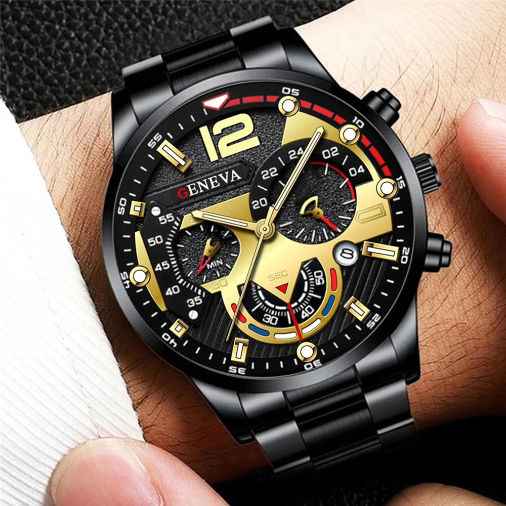 Fashion Men's Watches Stainless Steel Band Analog Quartz Wristwatch with Calendar