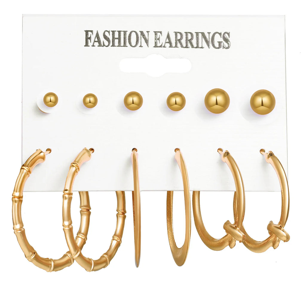 Boho Big Circle Hoop Earring Set for Women Gold Color Bohemia Vintage Pearl Square Earring Heart Zircon Ear Studs Jewelry