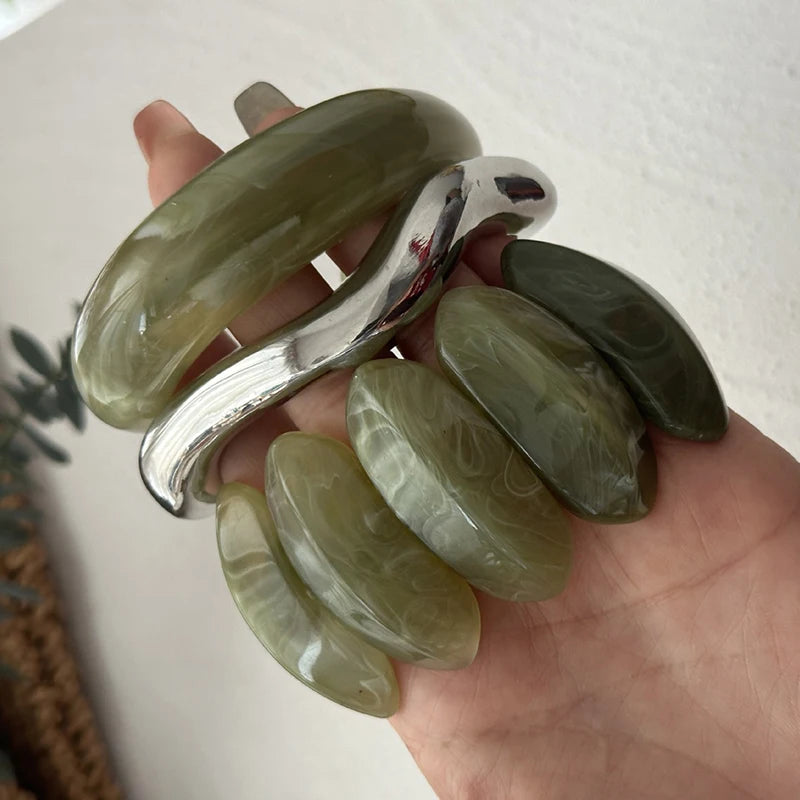 Punk Green Resin Acrylic Smudging Bangles Exaggerated Geometric Oval Elastic Bangle Cuff Bracelets for Women Jewelry