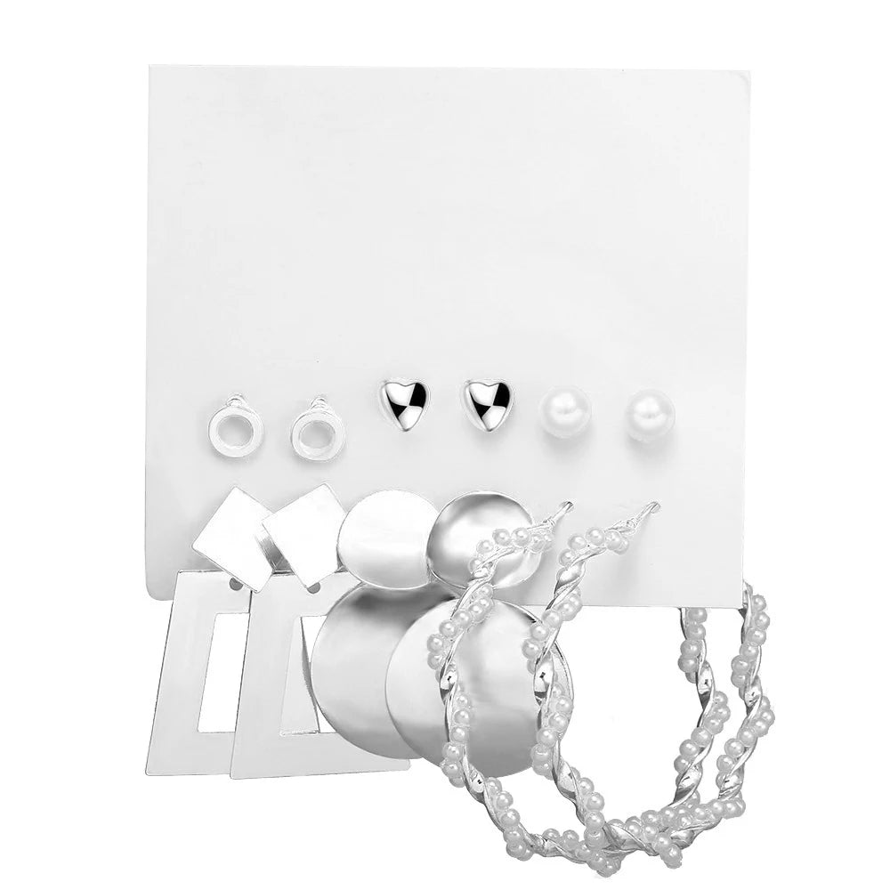 Boho Big Circle Hoop Earring Set for Women Gold Color Bohemia Vintage Pearl Square Earring Heart Zircon Ear Studs Jewelry