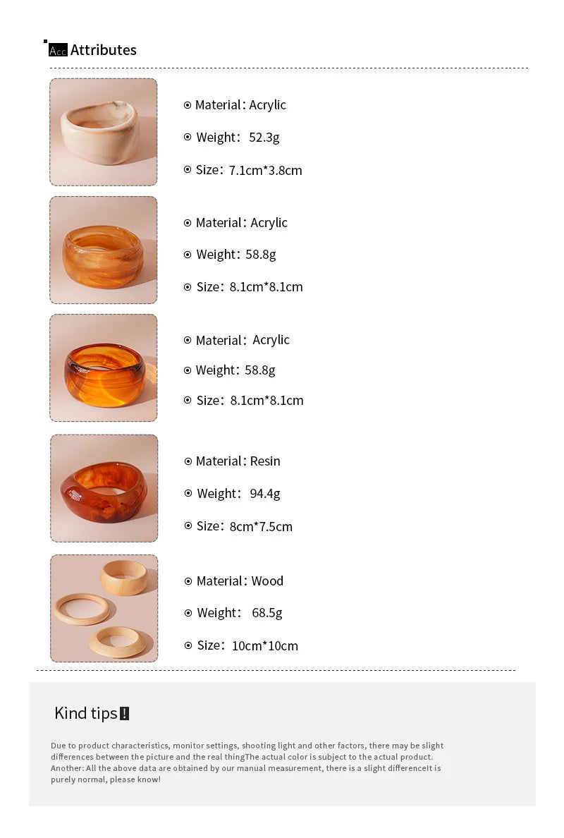 Exaggerated Brown Resin Acrylic Bangles for Women Simple Fashion Thick Geometric Wood Bracelet Vintage Hand Jewelry Couple Gifts