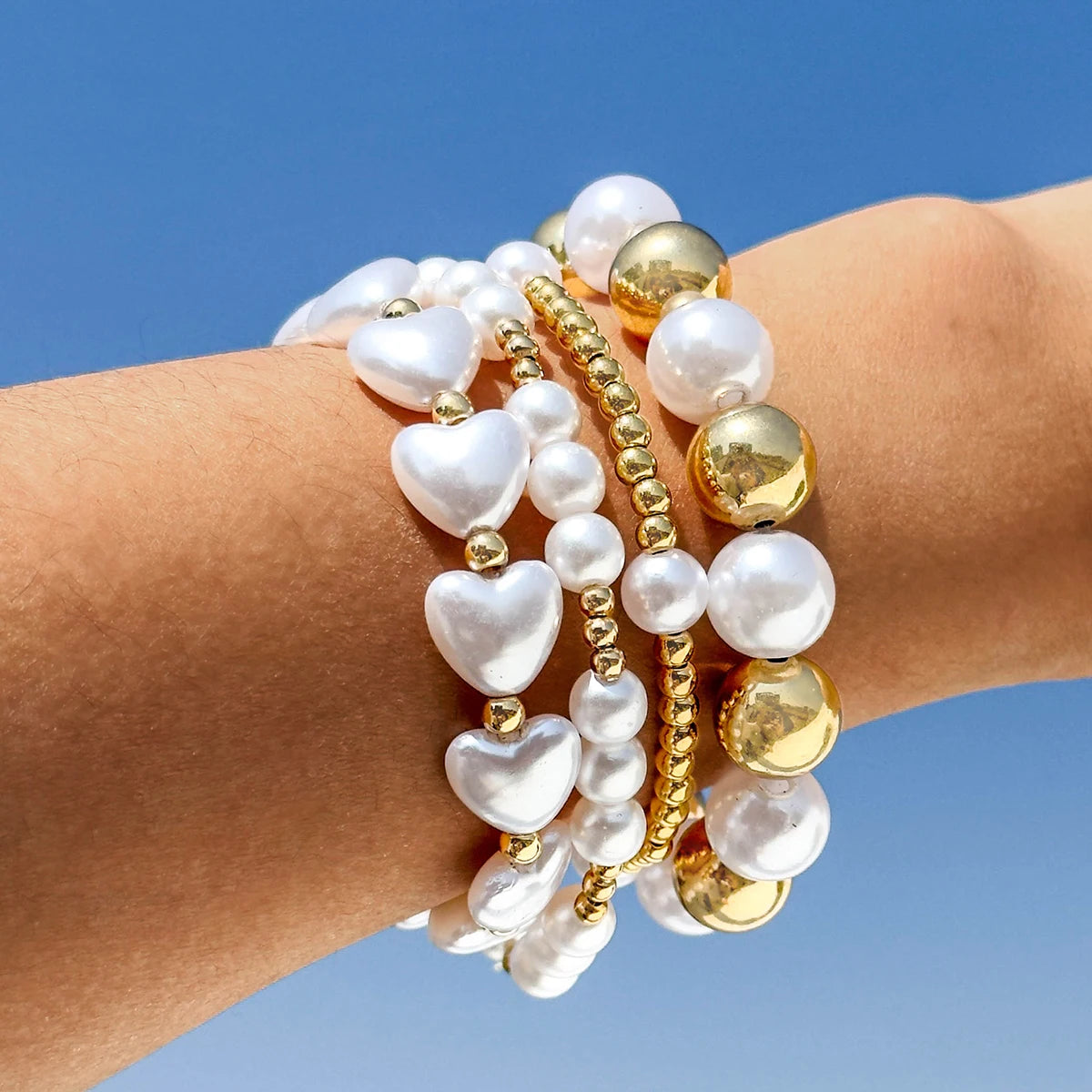 Elegant Imitation Pearl Handmade Beaded Bracelet Women Gold Color CCB Heart Jewelry Festival Gift Accessories