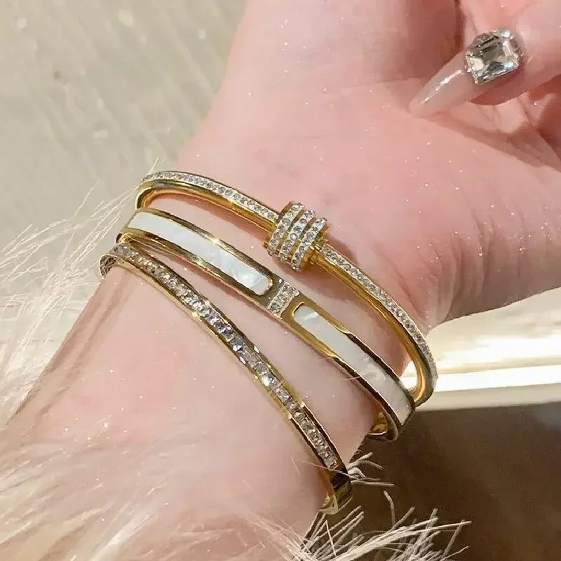 Titanium Steel Stainless Steel Bangles Inlaid Zircon Gold Plated Bracelet Classic Simple Style Bangles for Women Daily Jewelry